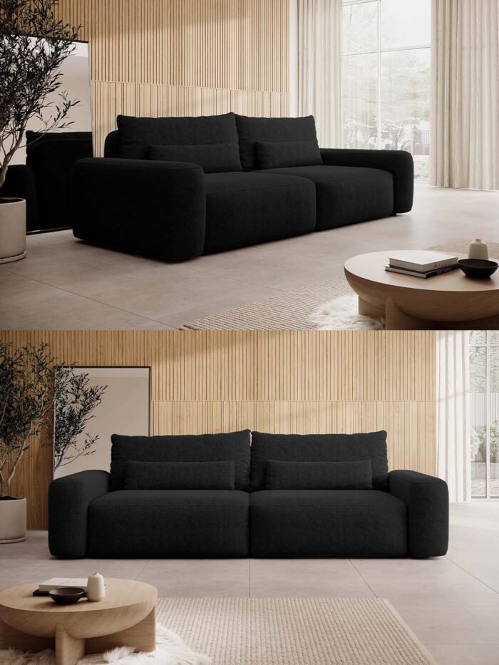 Trivietė sofa-lova Fabre, juoda, austas šenilas - Image 7