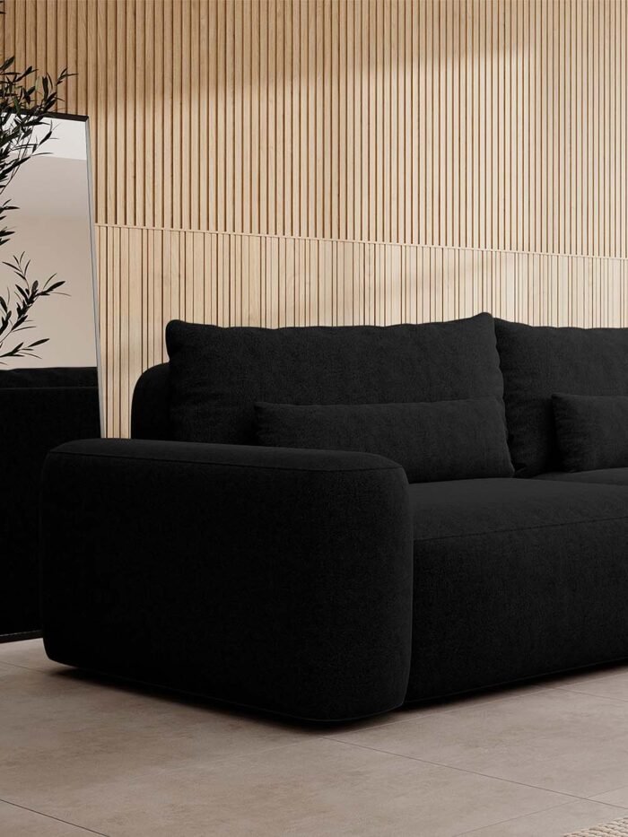 Trivietė sofa-lova Fabre, juoda, austas šenilas - Image 2