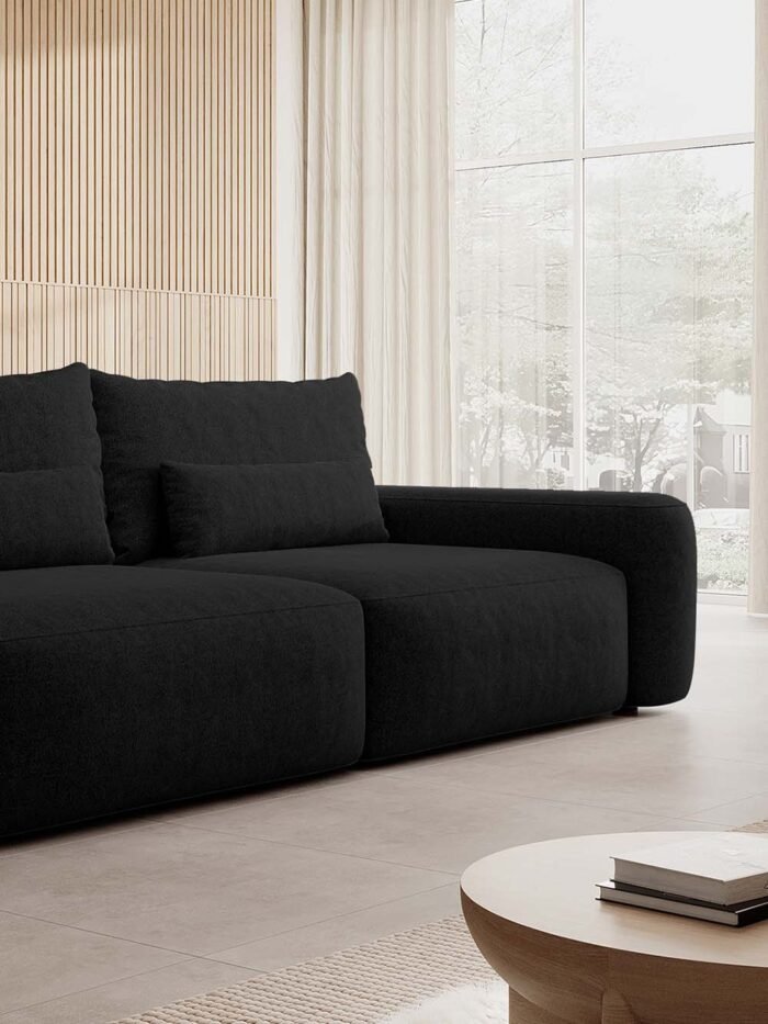 Trivietė sofa-lova Fabre, juoda, austas šenilas - Image 3