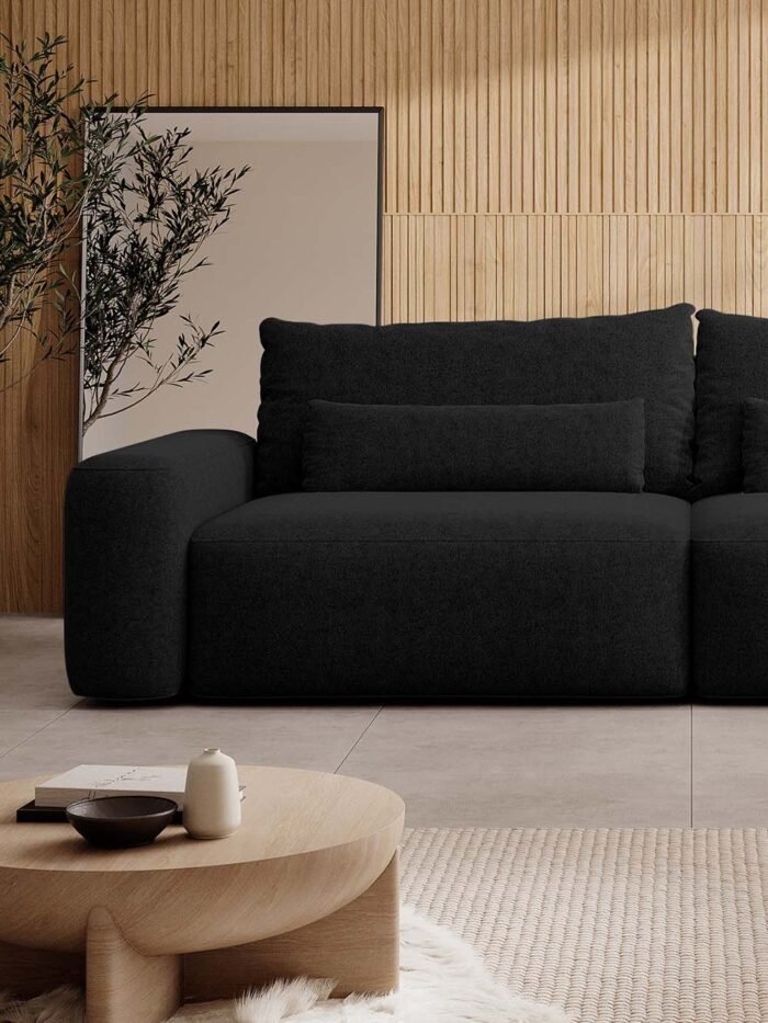 Trivietė sofa-lova Fabre, juoda, austas šenilas - Image 5